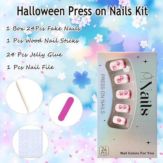 Valentines Nails Press on Nails Short Square Heart Fake Nails with Designs Pink White Glitter French Tip Glue on Nails Valentine's Day Acrylic Nails Cute False Nails for Women Manicure 24Pcs