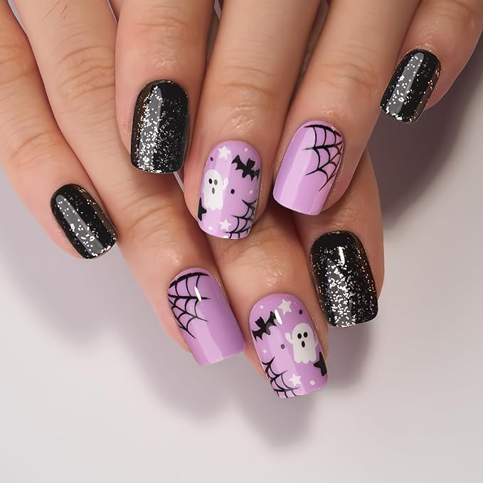 Curvlife Press on Nails Acrylic Halloween Fake Nails with Design Full Cover False Nails Reusable Nail Kit with Nail Glue AdhesiveTabs Artificial Glue on Nails