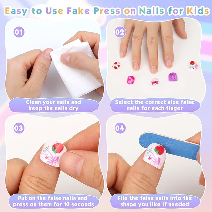 168Pcs Kids Press on Nails Set for Little Girls, Shynek Mini Fake Nails for Kids Pre Glue Stickers Nails Full Cover Small Nail Tips for Girls Gifts 8-10 (Extra Small Nail Size)