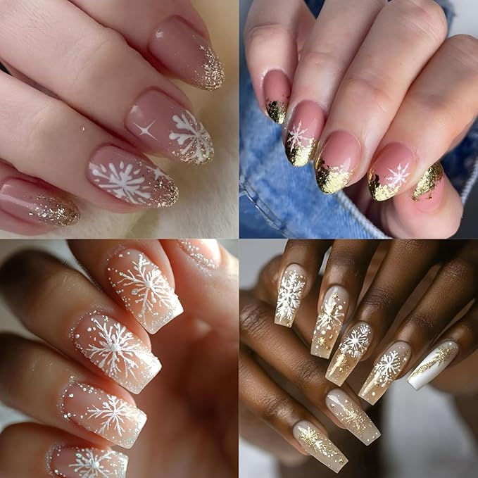 9 Sheets Christmas Snowflake Nail Stickers, Gold White 3D Self-Adhesive Winter Nail Art Decals for Women Girls Xmas Snow Sparkle Manicure Decorations