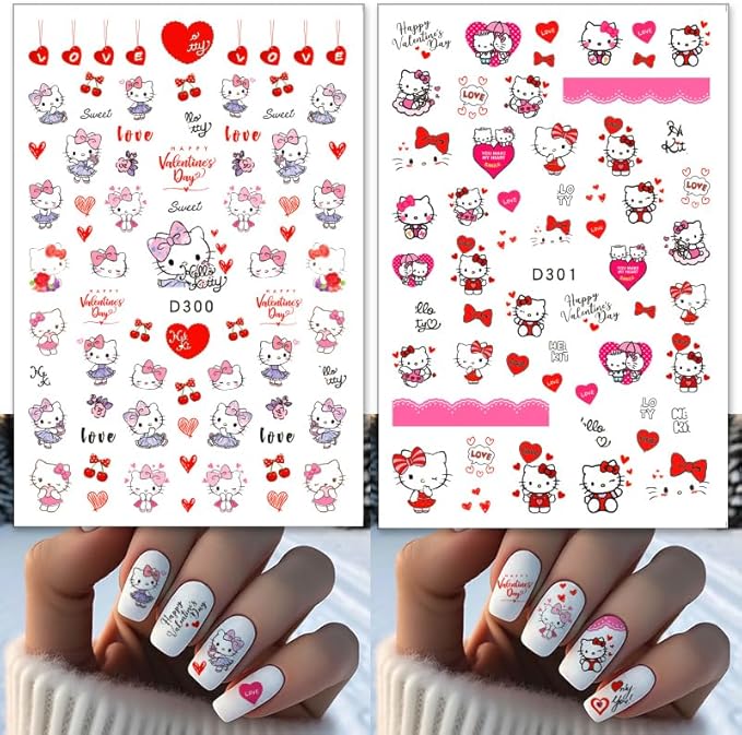 Valentines Nail Stickers Pink Cat Nail Art Stickers 3D Cat Self-Adhesive Nail Design Supply Heart Lover Romantic Cartoon Nail Decals for Women Girls DIY Manicure Decoration
