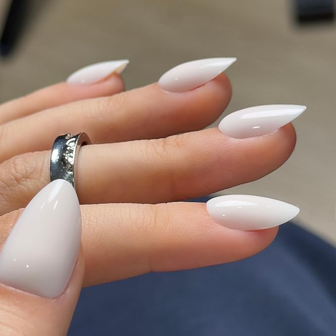 CurvLife Press On Nails Medium Almond Milky White, Soft Gel Reusable Fake Nails, Stick On and Glue On Nail Kit with Adhesive Tabs, Natural Fit, Salon Quality for Women