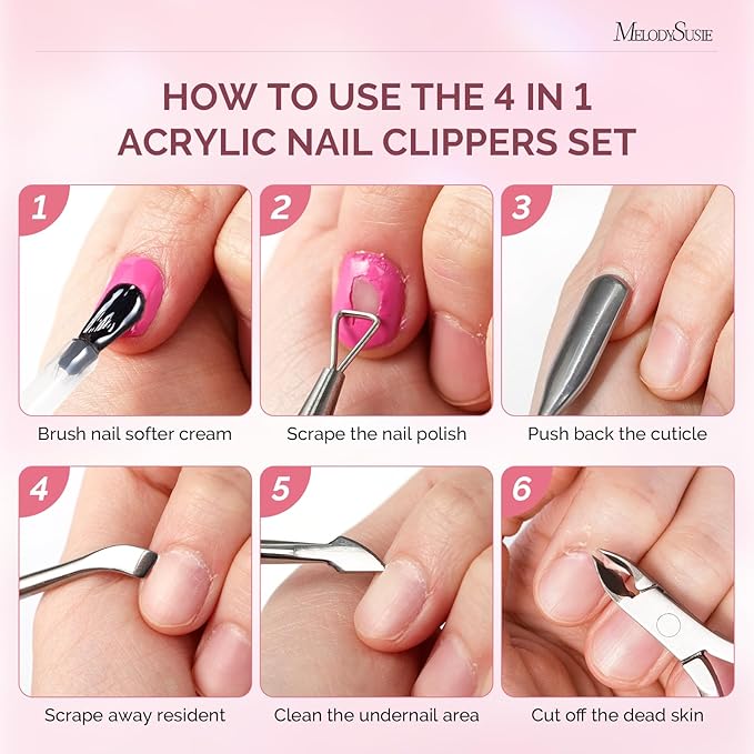 Melodysusie 4 in 1 Acrylic Nail Clippers Set, with Cuticle Trimmer and Dual-Ended Cuticle Pusher Remover, Stainless Steel Acrylic Nail Cutter Set, Pedicure Manicure Acrylic Nail Tools for Home Salon