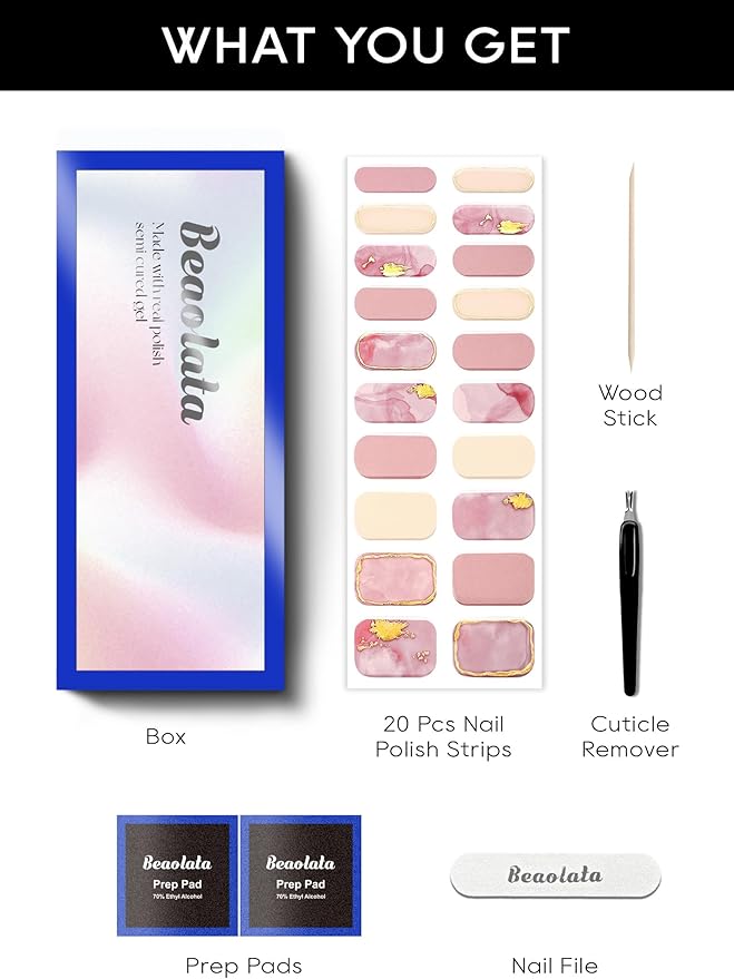 Semi Cured Gel Nail Strips - UV Light Gel Nail Stickers - 20 Long Lasting Salon Quality Wraps (Spring Dream Pink)