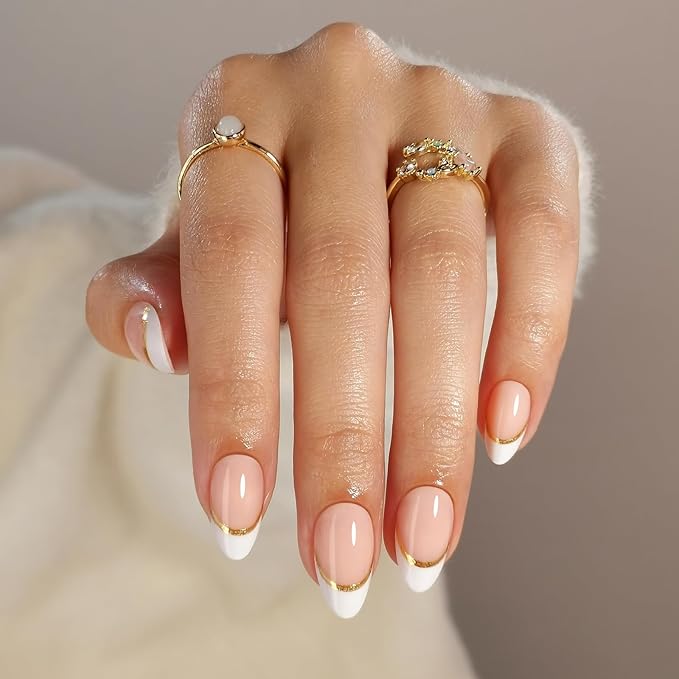 White French Tip Press on Nails with Gold Line Design - Soft Gel Almond Press on Nails Short for Women, Glossy Glue on Nails with Glue in 16 Sizes - 32 Reusable Fake Nails, Gold Ribbon