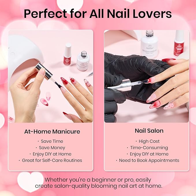 Beetles Blooming Gel Nail Polish Kit - Hema Free Clear Blooming Gel with Red Nail Polish & Nail Art Brush, Soak Off UV/LED for Flower Marble Watercolor Nail Designs DIY Gift Set