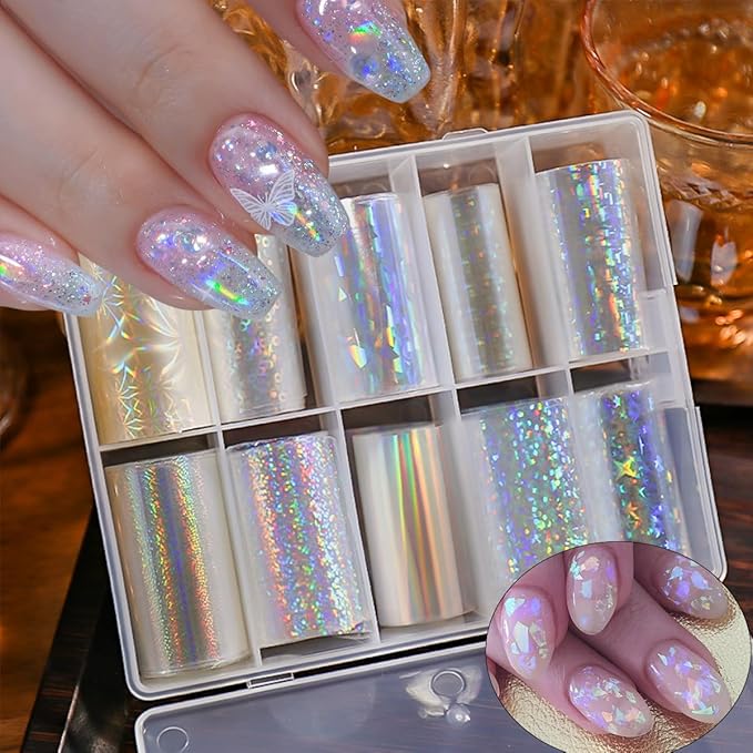 10Rolls Aurora Nail Foil for Nail Art Laser Nail Transfer Foil Stickers 3D Holographic Nail Art Foils Clear Glass Fragment Starry Sky Paper Nail Stickers Holographic Mermaid Nail Decals Foil for Women