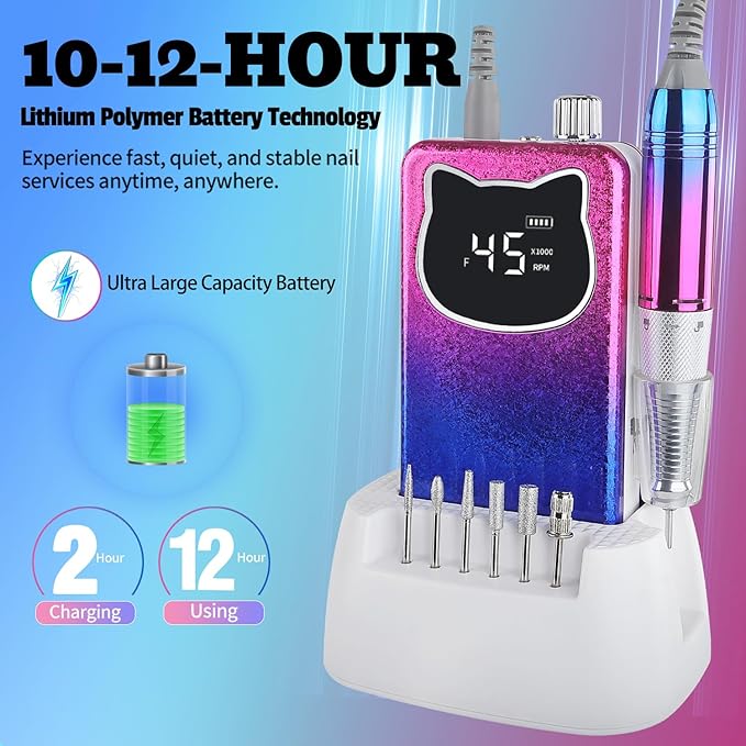 Professional Nail Drill File 45000RPM Electric Portable Kit with Rechargeable 8 uñas Bits Cordless Efile for Gel Acrylic Remover Home Salon Manicure Base Tool (Snowflake Blue and Charging Base)