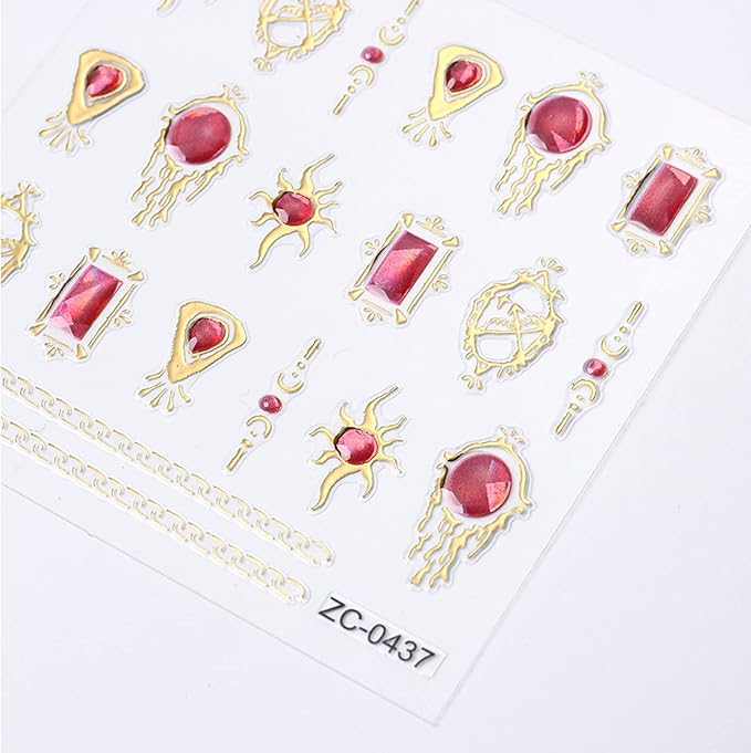 NOODCO 5 Sheets 5D Bronzing Nail Art Stickers Decals, Fishtail Shell Embossed Self-Adhesive Sticker Gemstone Flower Heart Sun Butterfly Gold Metal Line Design Supplies for DIY Decoration Women