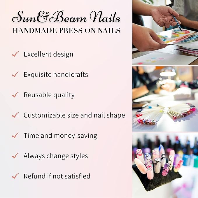 Sun&Beam Nails Handmade Medium Long Almond Blue False Nail Tips with Cute 3D Flower Popular Charm Design Press On Nails 10 Pcs (#027 L)