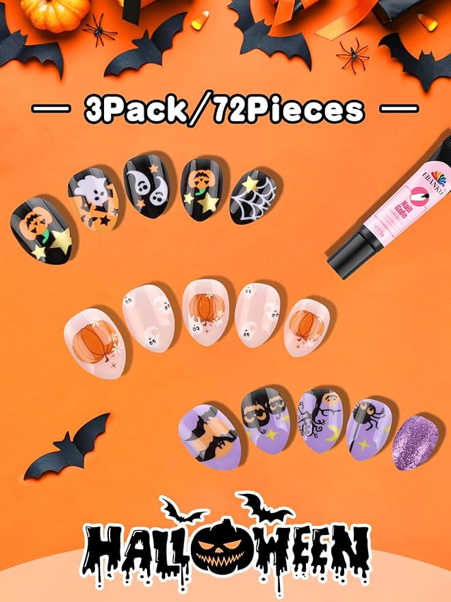 EBANKU Halloween Kid Press on Nails, 72Pcs Almond Fake Nails Kit Full Cover Orange Pumpkin Ghost Cute Design Acrylic Nails with Nail Glue for Girl