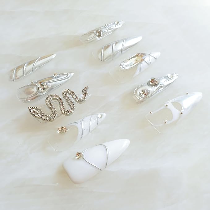 Luxury Long Almond Press-On Nails, White and Silver Rhinestone Design, 3D Snake Pattern with Pearl Accents, Handmade False Nail 10 Pieces (Large, LS)