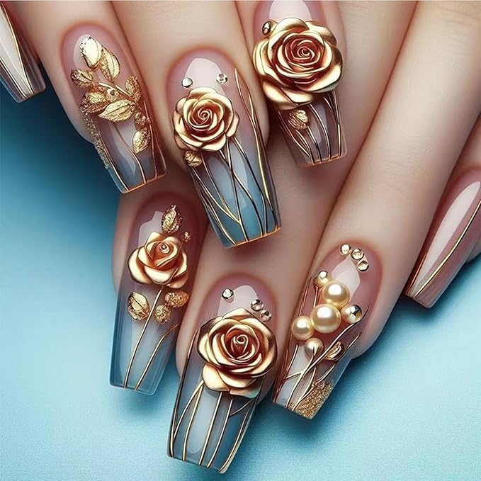Coffin Press on Nails Long with Bright Embossed Blue and Gold Gradient Gold Rose Acrylic Valentines Fake Nails Press ons Cute Glue Stick on Nails for Women Girls 24 Pcs