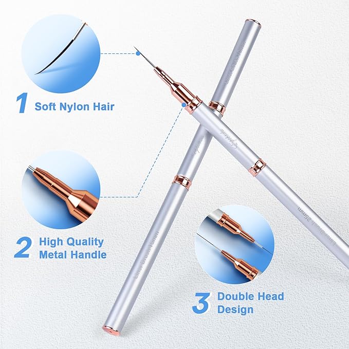 Nail Art Brushes, Eptbsdu 5PCS Double Ended Nail Art Liner Brushes with Cap Striping Liner Brush Nail Design Brushes for Long Lines, Tiny Details, Fine Drawing Nail Brushes for Nail Art, Silver