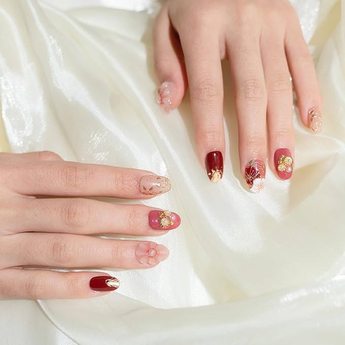 Sun&Beam Nails Handmade Press-on Short Oval Red Pink Gold 3D Flower Japanese Design Fashion False Nail Tips 10 Pcs Set (#210 XS)