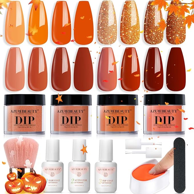 AZUREBEAUTY Dip Powder Nail Kit Starter, Orange Brown Glitter, 4 Fall Pumpkin Maple Dark Colors Set, French Halloween Nail Art Base Top Coat Activator Essential Liquid Manicure DIY Salon