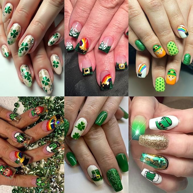 10 Sheets St. Patrick's Day Nail Art Stickers Green Shamrock Nail Stickers 3D Self-Adhesive Spring Nail Decals Four-Leaf Clover Rainbow Gnome Hat Designs Lucky of Irish Nail Decorations for Women DIY