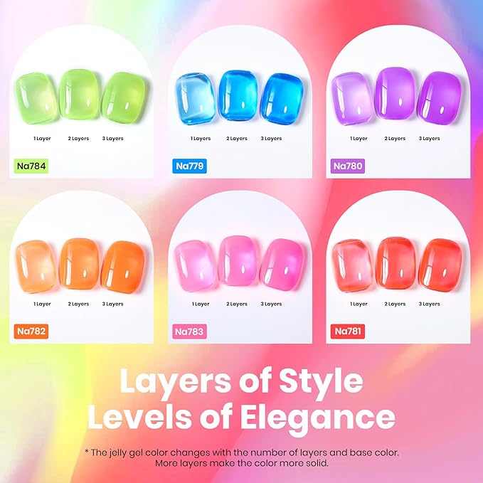 Beetles Jelly Gel Nail Polish Set, 6 Colors Hema Free Summer Neon Gel Polish Yellow Pink Red Blue Purple Orange 15ML Full Size Sheer Translucent Effect Soak Off UV Colorful Bottle Gel Gift for Women
