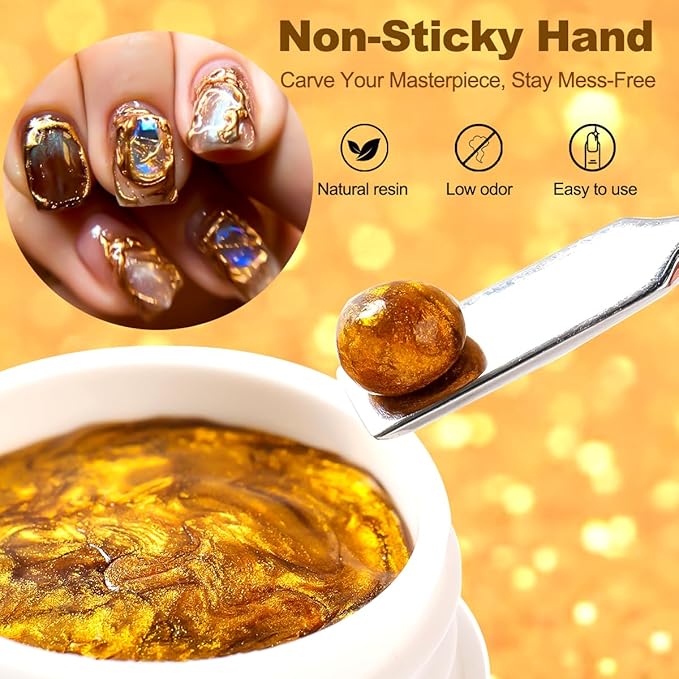 3D Gel Nail Art Kit-Gold Silver Metallic Solid Builder Gel Non-Sticky Hand Sculpting Gels with Silicone Pen for Nail Design Flower Carving Modeling Design