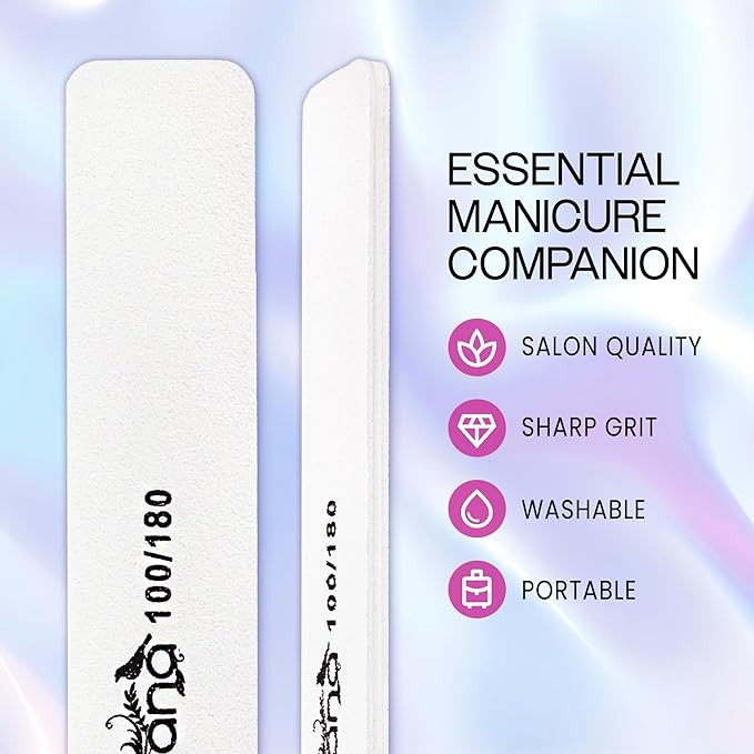 10pcs - PANA Jumbo Double-Sided Emery Nail File for Manicure, Pedicure, Natural, and Acrylic Nails - White (Grit 100/180)