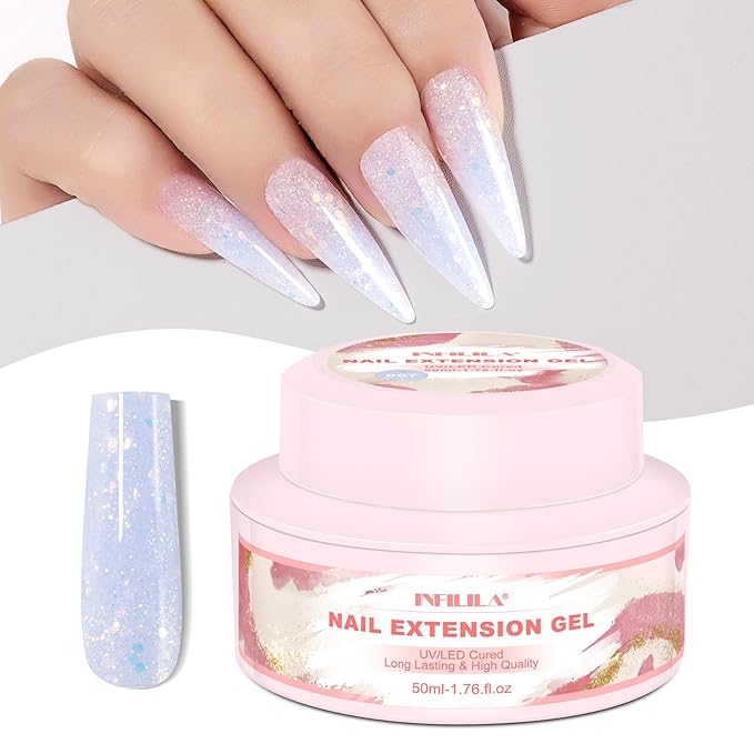 NXJ INFILILA Glitter Poly Nail Gel, Baby Blue Colors Poly Extension Gel Nail Enhancement, Thickening Glossy Builder Home DIY Salon Use for Girls UV/LED Nail Lamp Required P07