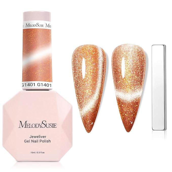 MelodySusie Starry Cat Eye Gel Nail Polish, 0.5 Fl Oz Gold Pink Glitter Holographic Magnetic Nail Polish with Magnet, UV Nail Polish for Nail Art Manicure Salon DIY at Home G1401