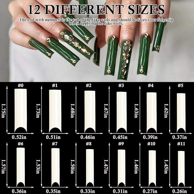 LoveOurHome 240pc Extra Long C Curve Nail Tips Natural Fake Nails, XL C Curve Acrylic Nail Tips Half Cover Curved Square False Nails, Extra Long Artificial Fingernail 12 Size for Nail Extension