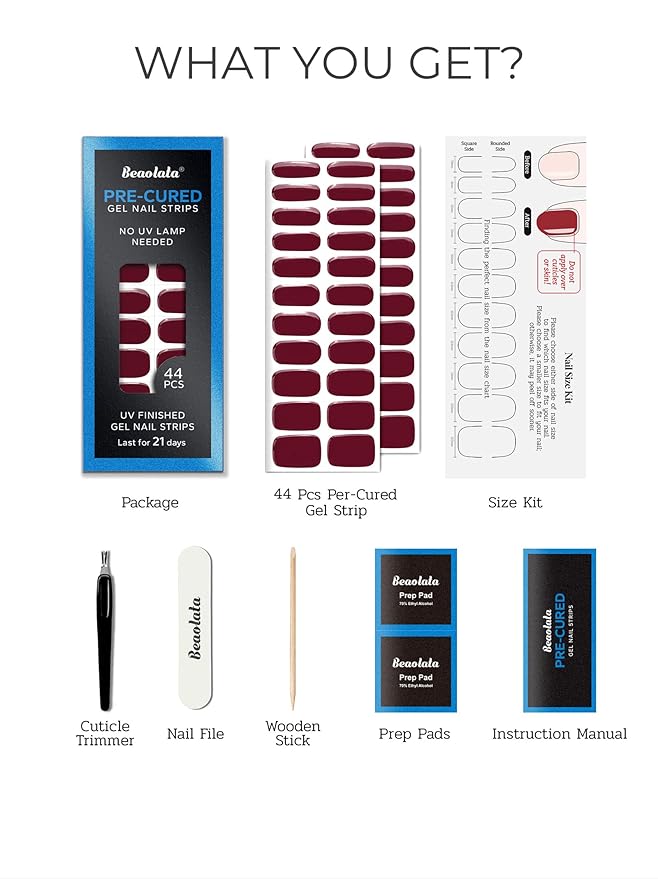 Pre Cured Gel Nail Strips - 44PCS Salon Quality Gel Nail Stickers - Long Lasting Polish Wraps for Women no UV Light Needed Easy Apply & Remove (Rose Red)