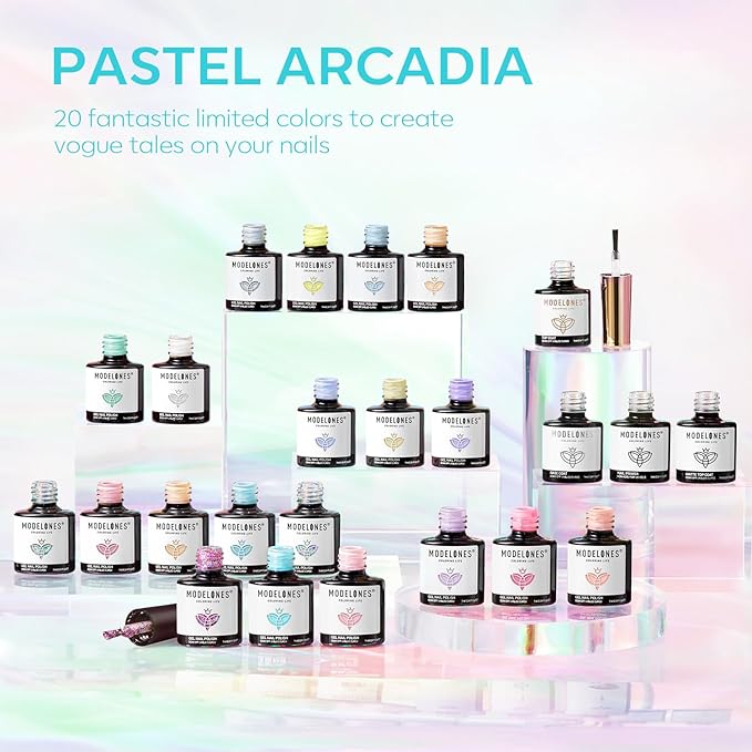 Modelones 24Pcs Gel Nail Polish Set, 20 Colors Pastel Gel Polish Set Macaron Colors with Glitter & Glossy & Matte Top + Base Coat Soak Off LED Nail Art Kit Salon at Home