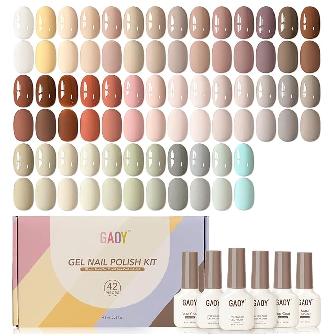 GAOY 42 Pcs Gel Nail Polish Kit, Nude Neutral Red Gray Colors All Seasons Gel Nail Polish Set with Glossy & Matte Top Coat and Base Coat for Salon and DIY Manicure at Home