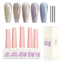 Adhere 5pcs 12ML Cat Eye Gel Nail Polish with Magnet, Smooth Wide Cat Eyes Delicate Moonlight White Ceramic Crystal Transparent Color Pink Brown Gel Polish