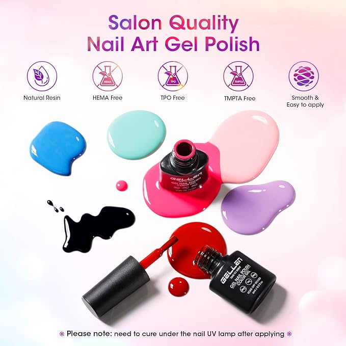 GELLEN 71pcs Gel Nail Polish Kit with U V Light, 32pcs All Seasons Color Hema-Free GelNail Polish Set with 5pcs Functional Gel Top and Base Coat, Nail Art Manicure Salon Nail Kit for Women