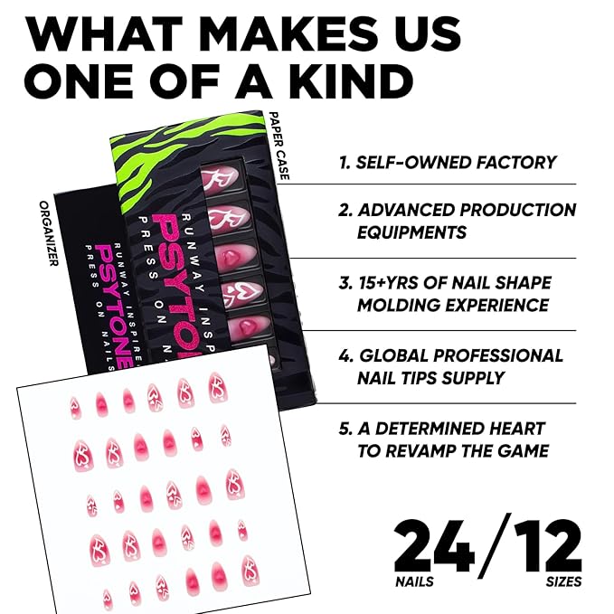 PSYTONE Red Press on Nails Tips Coffin Long Leaf Fake Nails Bling Pink Nalis Heart Full Cover False Nails for Women and Girls 30 PCS