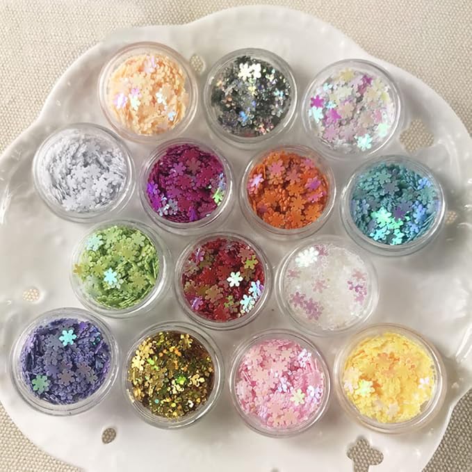 Nail Art 3D Glitter Sequins Nails Shining Flakes Acrylic Powder Dust Chunky Flake for Nails Decoration Manicure Tips 12Colors (12 Colors Snowflake Sequin)