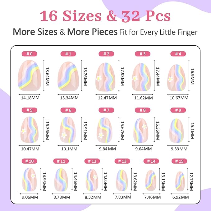 16 Sizes Press on Nails Kit for Kids - 32 Pieces French Almond Fake Nail Tips for Girls 8-12 Years Old with Jelly Nail Adhesives & No-Lamp Nail Glue, Birthday Easter Gifts (Rainbow Flower)
