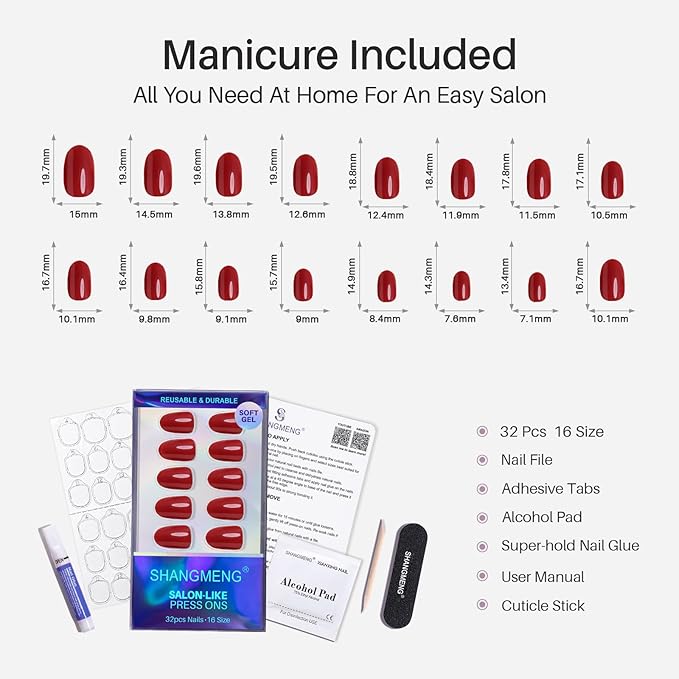 Red Press on Nails Oval for Women Gift - SHANGMENG Soft Gel Press on Nails Short with Glue, Fit Perfectly & Natural Glue on Nails in 16 Sizes - 32 Reusable Fake Nails, Cherry Red