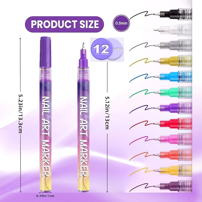 Nail Art Pens Set 12 Colors Nail Art Markers, Polish Pen for 3D Nail Art, Drawing Painting Liner Brush for DIY Nail Art Beauty Adorn Manicure Tool (N1)
