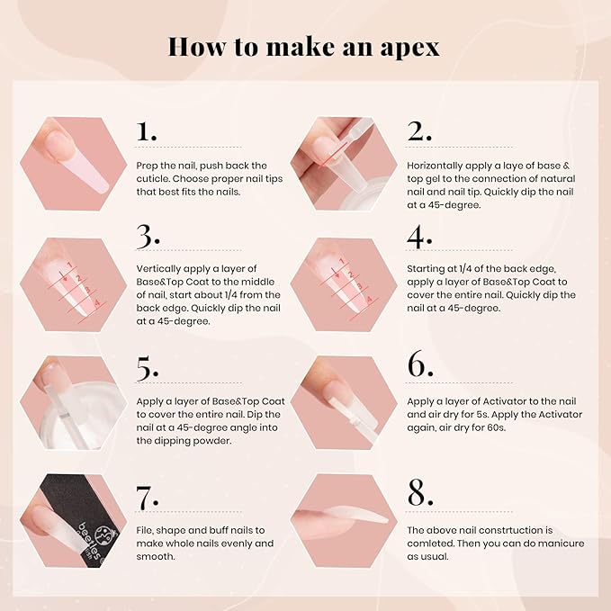 Beetles Nail Dip Powder Kit for Building An Apex, Clear Dipping Powder with 2 in 1 Base Top Coat Activator Dip System Nail Extension Nail Repair French Manicure Dip Manis Nail Art Kit for Nail Starter