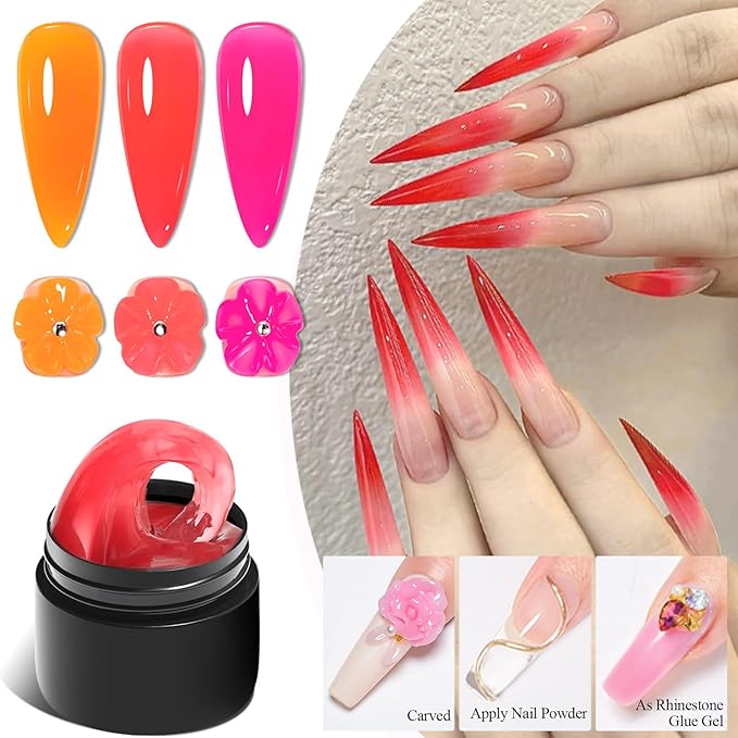 MEET ACROSS Solid Builder Gel for Nails, 3 Colors Solid Builder Non-Sticky Pink Rose Orange Hard Gel for Nails 3D Sculpture Nail Extension Kit