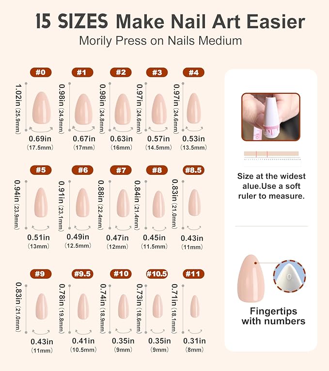 Morily Press on Nails Medium - Nude Almond Fake Nails Solid Color Pink Glossy False Fingernails in 15 Sizes, Long Stick on Nails for Women - 30Pcs