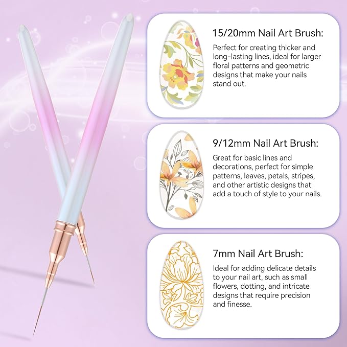 5Pcs Nail Art Liner Brushes For UV Gel Polish, Metal Handle Thin Lines Fine Drawing Pen Painting Striping Detail Design Nails Brush Set Manicure DIY Tool, Sizes 7/9/12/15/20mm（Gradient powder）