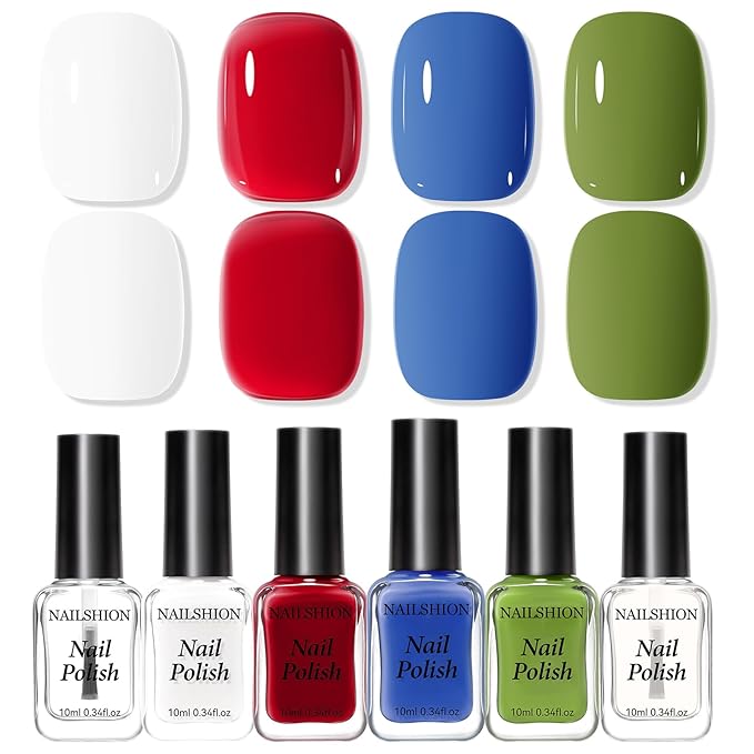 Nail Polish Set with Clear Base & Top Coat, Classic Red Green Blue White French Nail Polishes Non-Gel for All Seasons, Castor Oil, Quick Dry, Vegan,Hema-free, DIY Nails Art Gift for Women