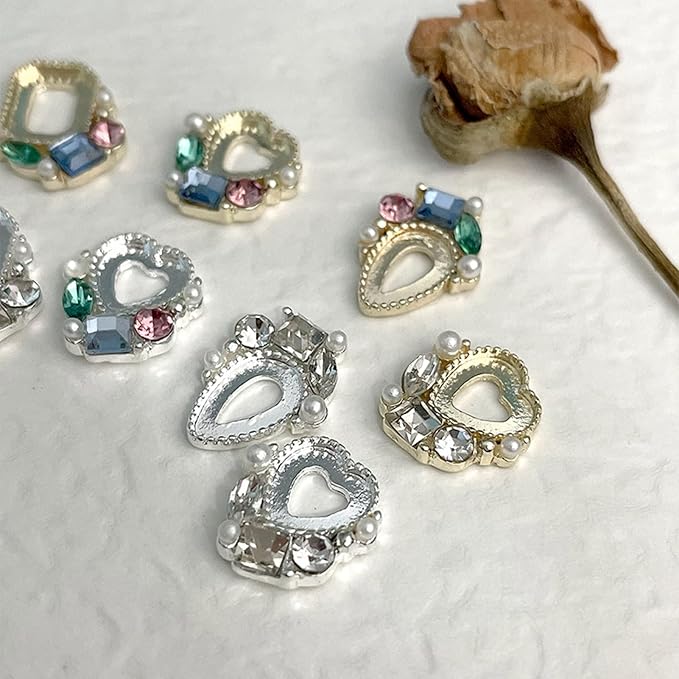 12 PCS Heart Diamond Frame Nail Charms - Sparkling Metal Nail Decorations for Korean Nail Art Designs