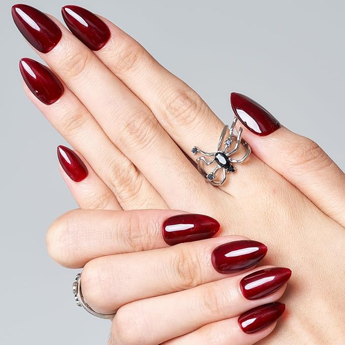 GLAMERMAID Dark Red Press On Nails Short Almond, Valentines Blood Deep Red Handmade Soft Jelly Gel Fake Nails Burgundy, Round Oval Stick Glue on Nails Kit for Women Girl Gift, Reusable False Nail Set