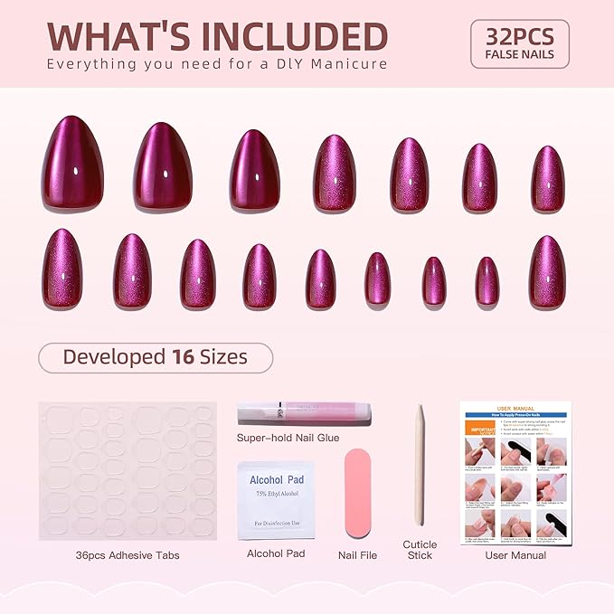 Gel Press On Nails Short - Almond Press On Nails, Short Fake Nails with Nail Glue, Artificial Nails 16 Sizes - 32Pcs Reusable Soft Gel False Nails Tips Kit，Glue On Nails Short（Purple Red）