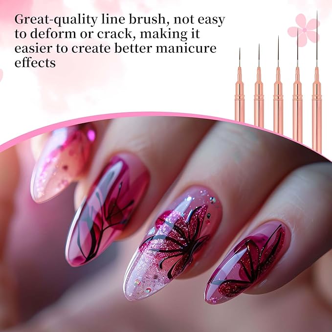 5pcs Nail Art Liner Brushes, Fine Nail Art Pens Thin Detail Fingernails Drawing Tool Long Line Painting Striping Brushes for Gel Polish Nails Design, Size 7/9/11/15/25mm