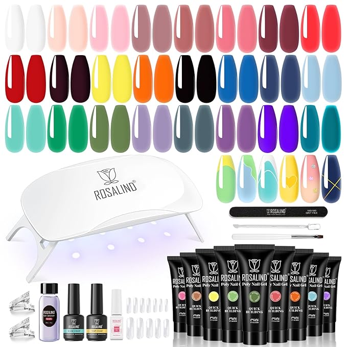 ROSALIND Poly Nail Gel Kit -24 Colors with Accessories Neon Poly Nails Gel Starter Kit with Slip Solution Mini UV Lamp Base Top Coat, Christmas All Seasons Classic Colors Poly Extension Gels Nails Kit