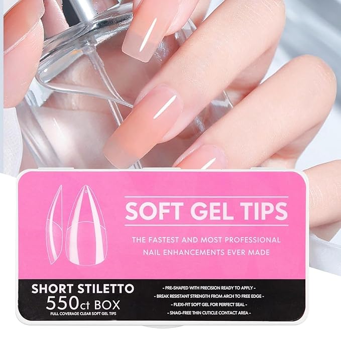 Gel Nail Tips Shape, 550 Pcs Half Matte Pre-Etched Press On False Nails, Full Cover Acrylic Nail Tips Kit for Nail Extensions, DIY Salon Nails. (Short Stiletto, Clear)