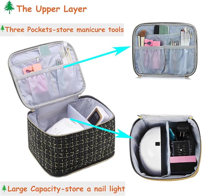 CTWWFS Nail Polish Organizer and Nail Lamp Case, Nail Kit Organizer Holds 30 Bottles (15ml - 0.5 fl.oz) and a Nail Lamp, Nail Polish Carrying Case with Manicure Tools Storage Sections (C-Black)