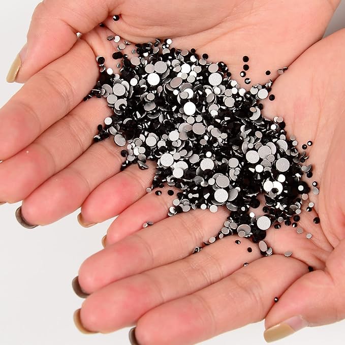 10000 Pieces Rhinestones 6 Sizes Round Crystal Glass Flat Back Rhinestones with 1Tweezers and 1Picking Pen for Nail Art Crafts Clothes Bags DIY (Black)